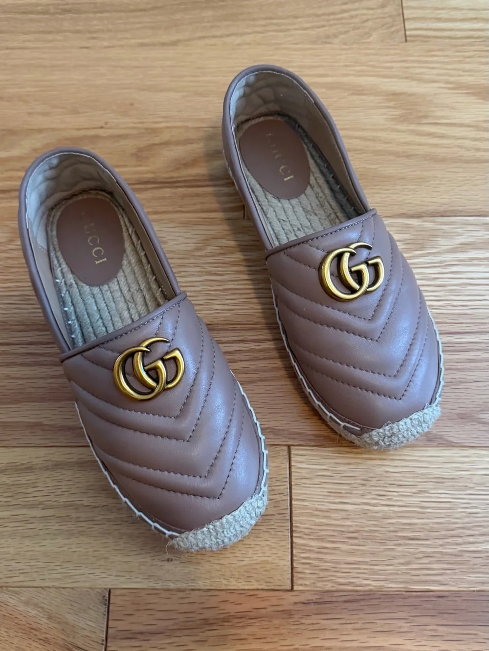 Tan Quilted Leather Espadrille with Gold Double G